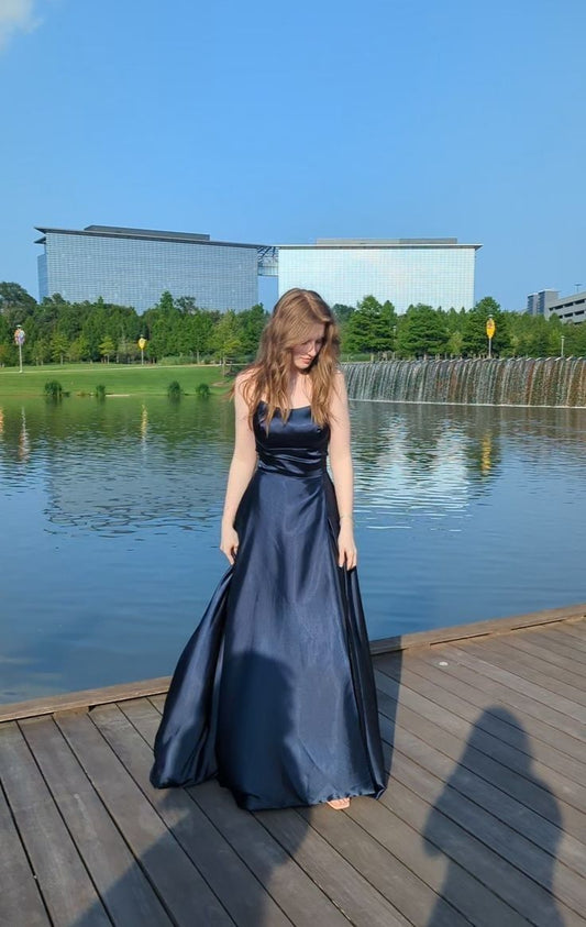 Elegante vestido de fiesta largo de satén azul marino con tirantes finos y corte en A, para verano, para celebrar 20 cumpleaños y 18 años, DH487