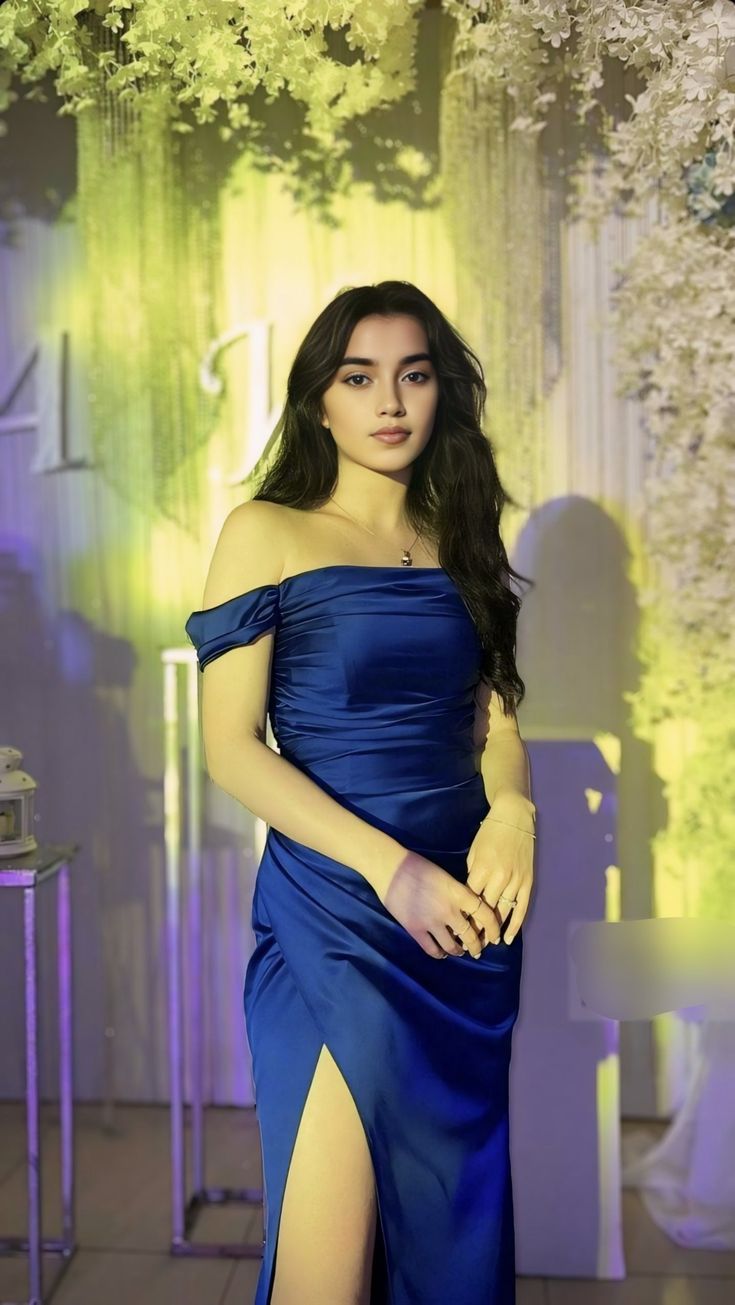 Elegante vestido de fiesta largo azul marino de satén con hombros descubiertos y abertura, para fiesta de verano, para 20 cumpleaños y 18 años, DH489