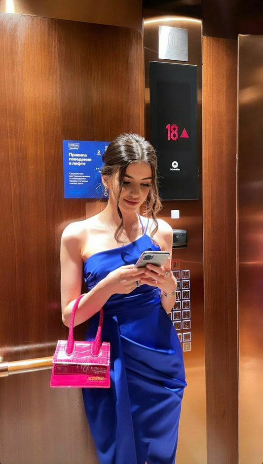 Elegante vestido de fiesta largo de satén azul rey con un solo hombro, vestido de fiesta de verano para 20 cumpleaños y 18 cumpleaños DH490