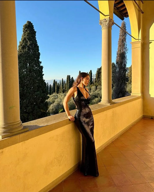 Elegante vestido de fiesta largo con escote en V y lentejuelas negras, estilo sirena, para verano, para 20 cumpleaños y 18 años, DH492