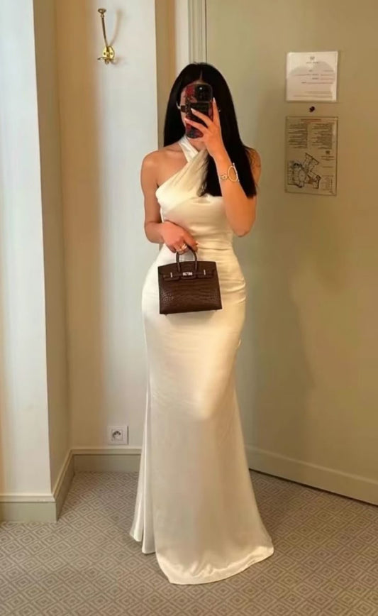 Elegante vestido de fiesta largo blanco con cuello halter y corte sirena, sin mangas, para verano, para celebrar 20 cumpleaños y 18 años, DH493