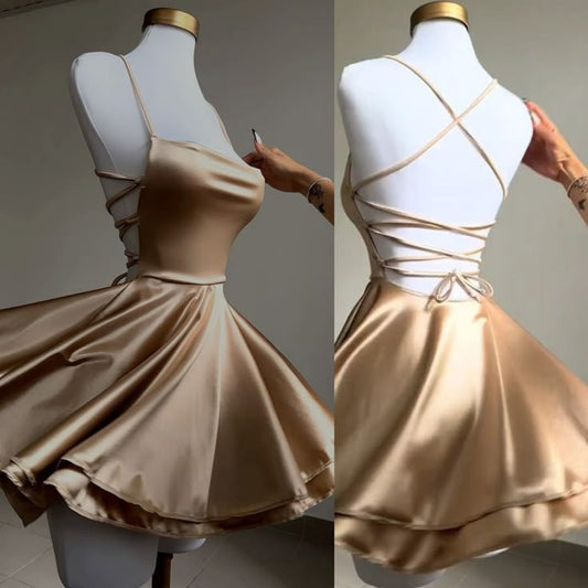 Vestidos cortos elegantes de fiesta de graduación, corte A, sin espalda, minivestidos formales para octavo grado, vestidos de verano para escuela secundaria, trajes de satén para fiesta de graduación DH50