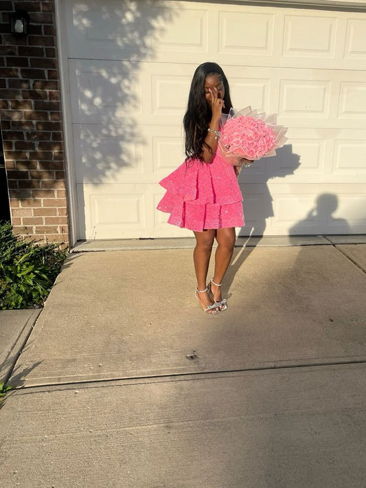 Pretty Ball Gown Halter Sequin Pink Sleeveless Short Formal 8th Grade Homecoming Dresses Summer Middle School Hoco Dress Homecoming Outfits DH512