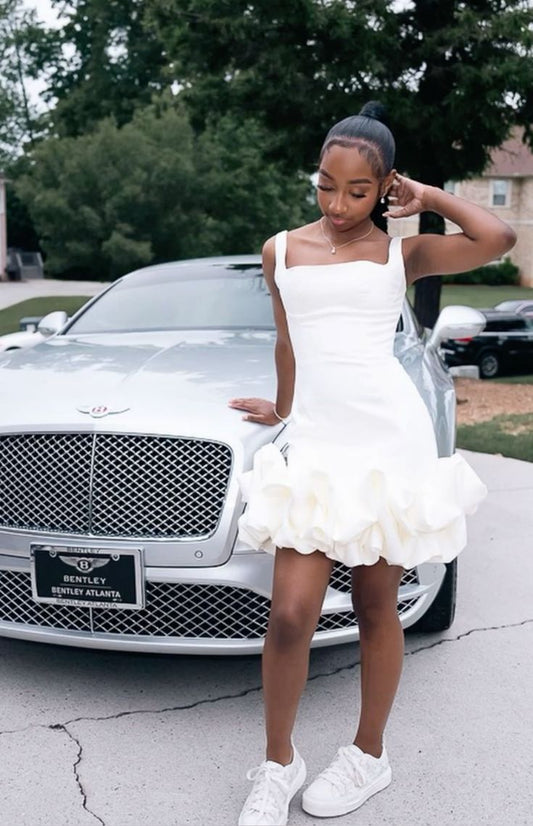 Cute Sheath Square Neck Sleeveless White Short Formal 8th Grade Homecoming Dresses Summer Middle School Hoco Dress Homecoming Outfits DH516
