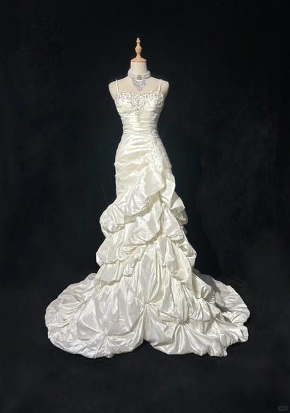 Vestido de novia vintage de los años 50 y 40, corte sirena, tirantes finos, capas, volantes, satén blanco, largo, DH523