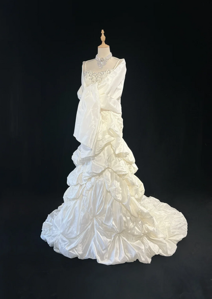 Vestido de novia vintage de los años 50 y 40, corte sirena, tirantes finos, capas, volantes, satén blanco, largo, DH523