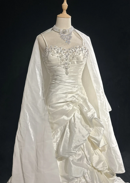 Vestido de novia vintage de los años 50 y 40, corte sirena, tirantes finos, capas, volantes, satén blanco, largo, DH523