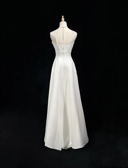 Vestido de novia vintage, corte A, tirantes finos, satén blanco, sin mangas, largo, con capa, DH524