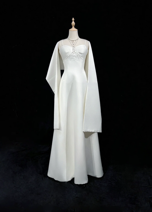 Vestido de novia vintage, corte A, tirantes finos, satén blanco, sin mangas, largo, con capa, DH524