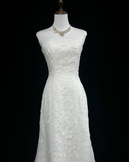 Vestido de novia vintage de los años 50 y 40, corte sirena, sin tirantes, encaje, blanco, largo, DH526
