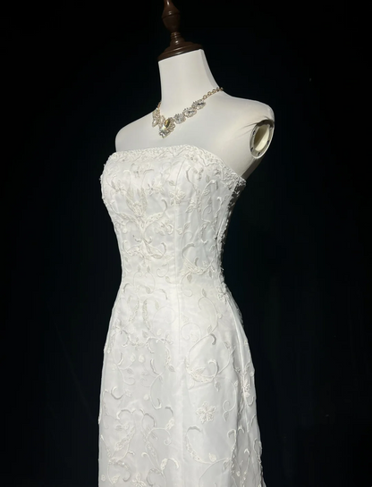 Vestido de novia vintage de los años 50 y 40, corte sirena, sin tirantes, encaje, blanco, largo, DH526