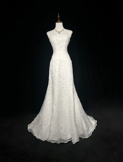 Vestido de novia vintage de los años 50 y 40, corte sirena, sin tirantes, encaje, blanco, largo, DH526