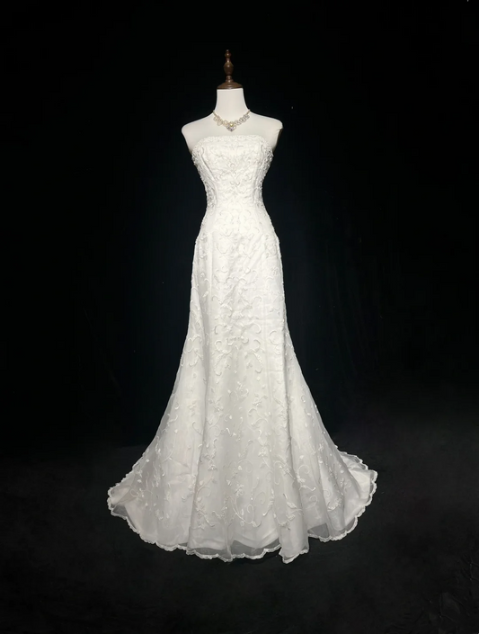 Vestido de novia vintage de los años 50 y 40, corte sirena, sin tirantes, encaje, blanco, largo, DH526