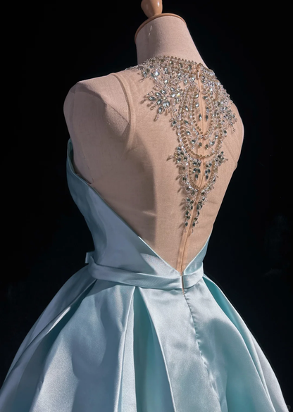 Pretty Ball Gown Scoop Neck Blue Satin Silver Beads Short Formal 8th Grade Homecoming Dresses Summer Middle School Hoco Dress 6th Grade Graduation Outfits DH527