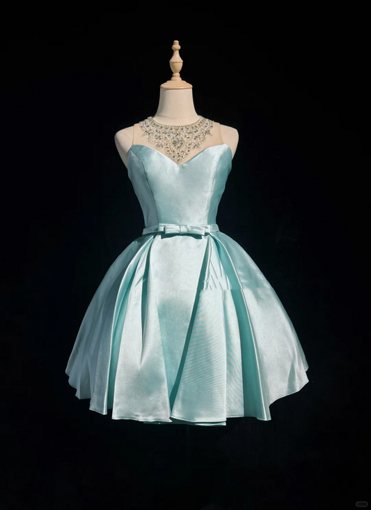 Pretty Ball Gown Scoop Neck Blue Satin Silver Beads Short Formal 8th Grade Homecoming Dresses Summer Middle School Hoco Dress 6th Grade Graduation Outfits DH527