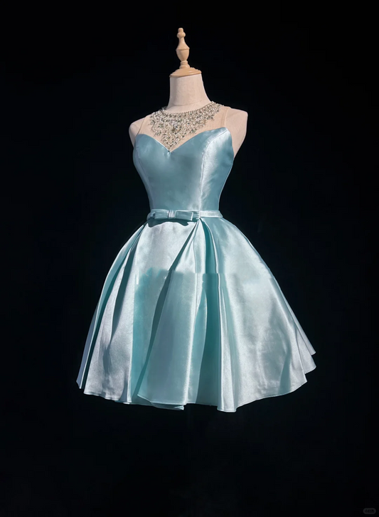 Pretty Ball Gown Scoop Neck Blue Satin Silver Beads Short Formal 8th Grade Homecoming Dresses Summer Middle School Hoco Dress 6th Grade Graduation Outfits DH527