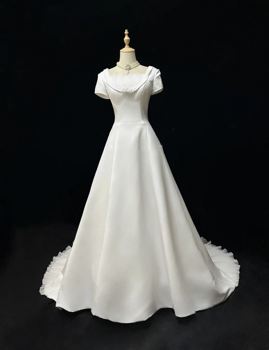 Vestido de novia vintage de los años 50 y 40, con escote cuadrado y encaje, blanco, largo, DH528