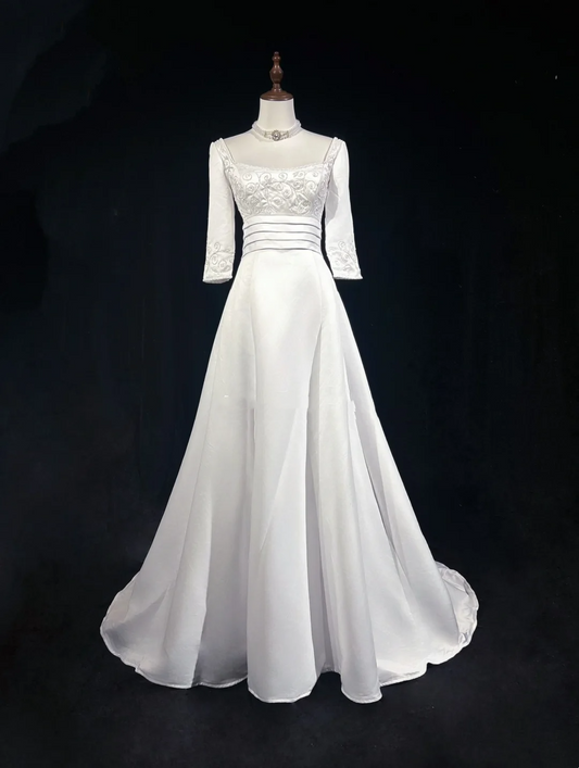 Vestido de novia vintage de los años 50 y 40, con escote cuadrado, satén blanco, largo, DH530
