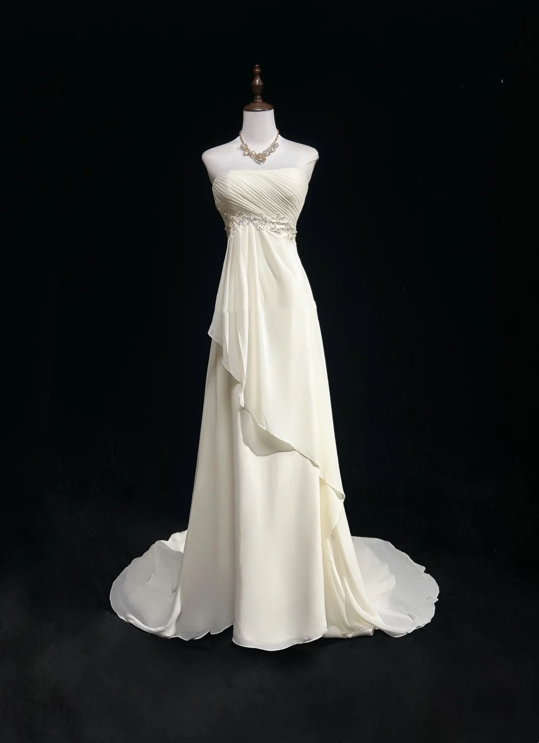 Vestido de novia vintage, corte A, sin tirantes, de gasa blanca, sin mangas, largo, para playa, con cuentas, DH540