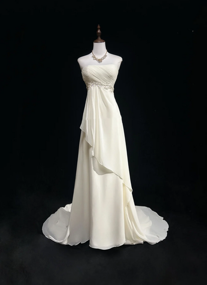 Vestido de novia vintage, corte A, sin tirantes, de gasa blanca, sin mangas, largo, para playa, con cuentas, DH540
