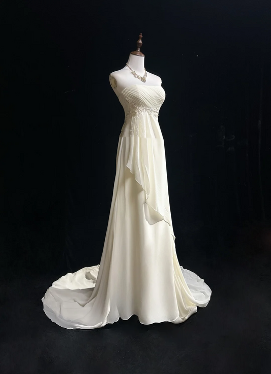 Vestido de novia vintage, corte A, sin tirantes, de gasa blanca, sin mangas, largo, para playa, con cuentas, DH540