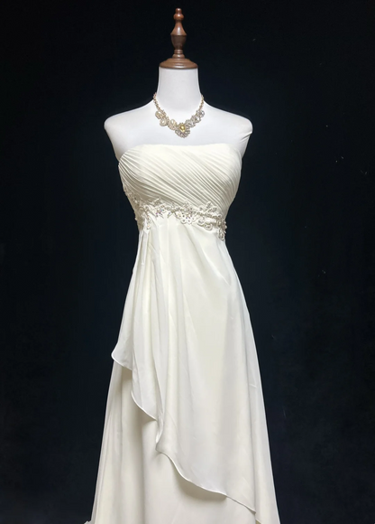 Vestido de novia vintage, corte A, sin tirantes, de gasa blanca, sin mangas, largo, para playa, con cuentas, DH540
