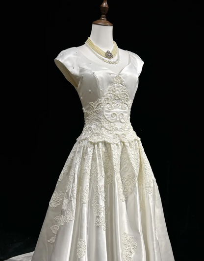 Vestido de novia vintage de los años 50 y 40, con escote en V y encaje blanco, largo, DH541