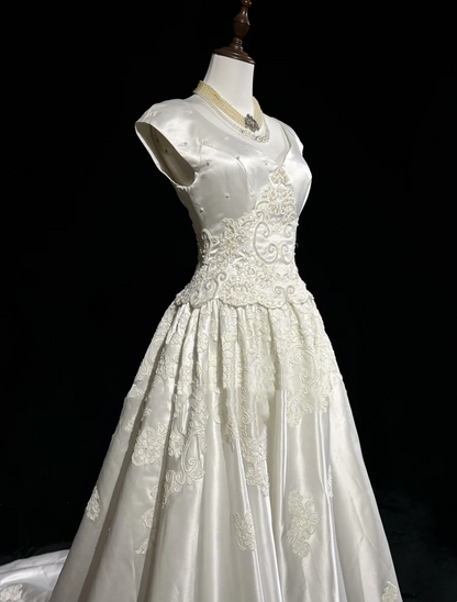 Vestido de novia vintage de los años 50 y 40, con escote en V y encaje blanco, largo, DH541