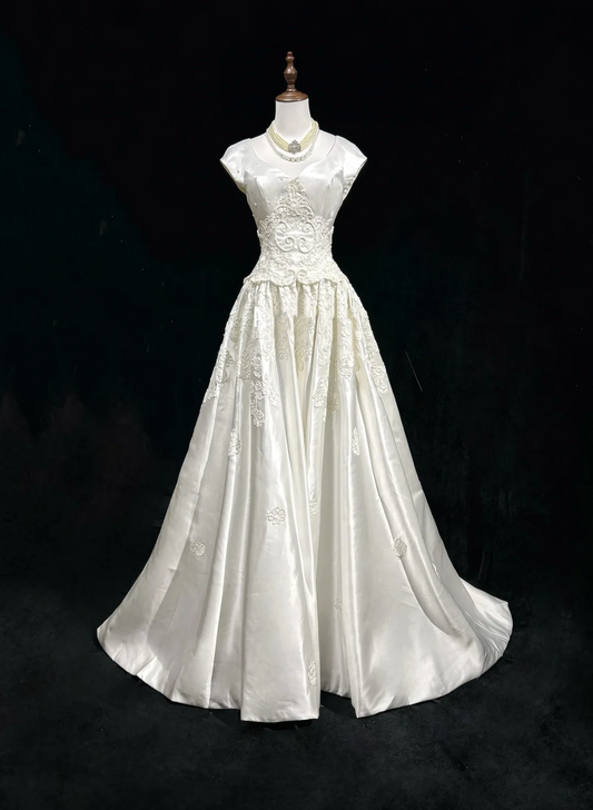 Vestido de novia vintage de los años 50 y 40, con escote en V y encaje blanco, largo, DH541