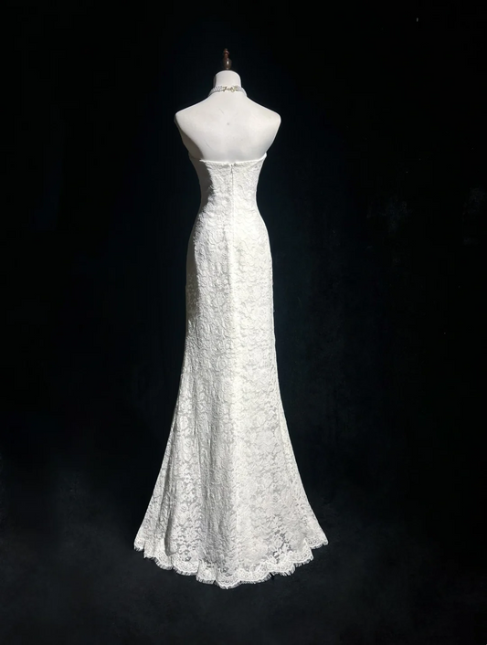 Vestido de novia vintage de los años 50 y 40, corte sirena, sin tirantes, encaje, blanco, largo, DH543