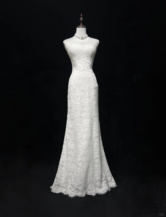 Vestido de novia vintage de los años 50 y 40, corte sirena, sin tirantes, encaje, blanco, largo, DH543