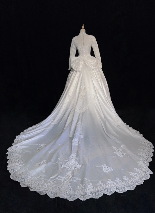 Vestido de novia retro de los años 50 y 40, con cuello alto, encaje, blanco, manga larga, DH544