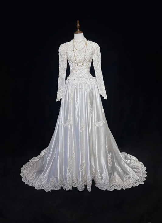 Vestido de novia retro de los años 50 y 40, con cuello alto, encaje, blanco, manga larga, DH544