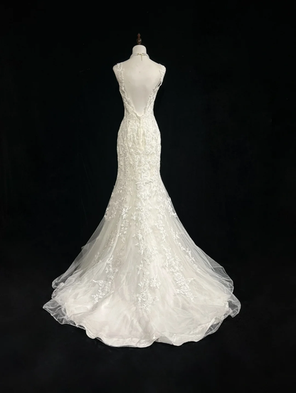 Vestido de novia vintage de los años 50 y 40, corte sirena, escote redondo, encaje, blanco, largo, DH545