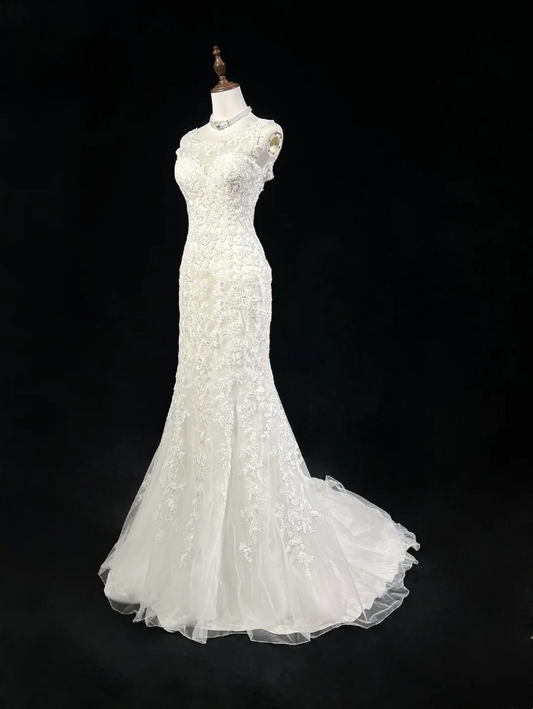Vestido de novia vintage de los años 50 y 40, corte sirena, escote redondo, encaje, blanco, largo, DH545