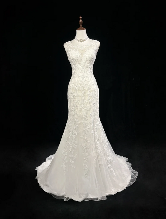 Vestido de novia vintage de los años 50 y 40, corte sirena, escote redondo, encaje, blanco, largo, DH545
