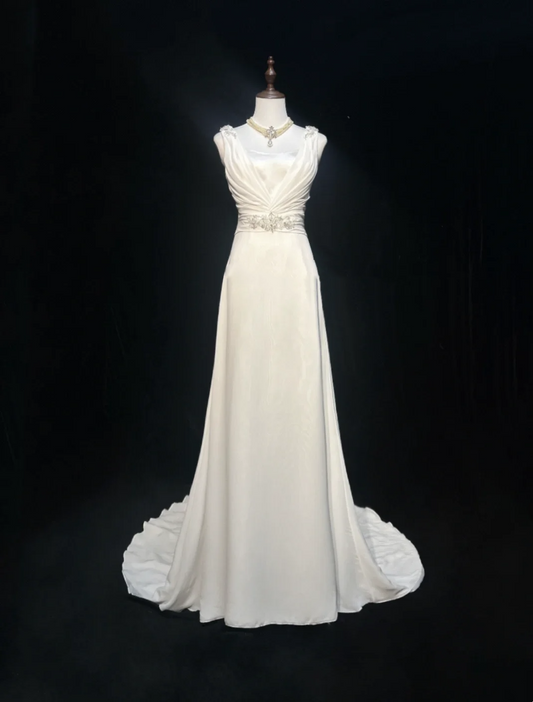 Vestido de novia vintage de los años 50 y 40, corte A, escote en V, gasa blanca, largo, DH546
