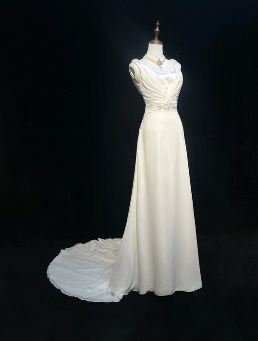 Vestido de novia vintage de los años 50 y 40, corte A, escote en V, gasa blanca, largo, DH546