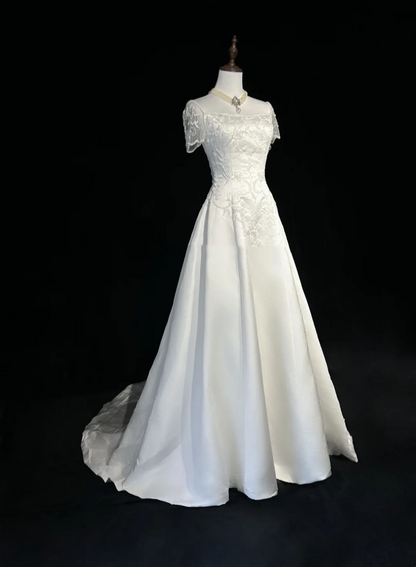 Vestido de novia retro de los años 50 y 40, corte A, escote cuadrado, satén blanco, largo, DH547
