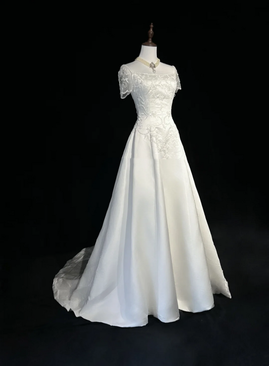 Vestido de novia retro de los años 50 y 40, corte A, escote cuadrado, satén blanco, largo, DH547