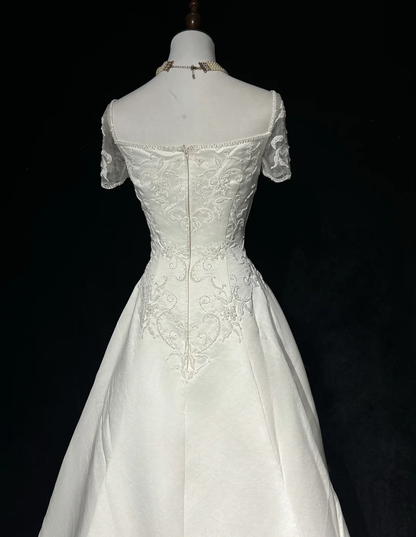 Vestido de novia retro de los años 50 y 40, corte A, escote cuadrado, satén blanco, largo, DH547