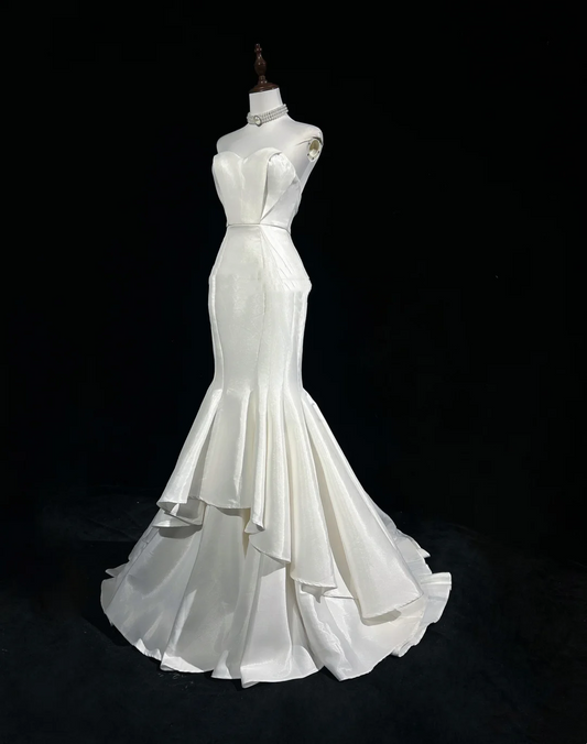 Vestido de novia vintage de los años 50 y 40, corte sirena, escote corazón, satén blanco, largo, DH549