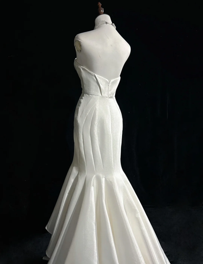 Vestido de novia vintage de los años 50 y 40, corte sirena, escote corazón, satén blanco, largo, DH549