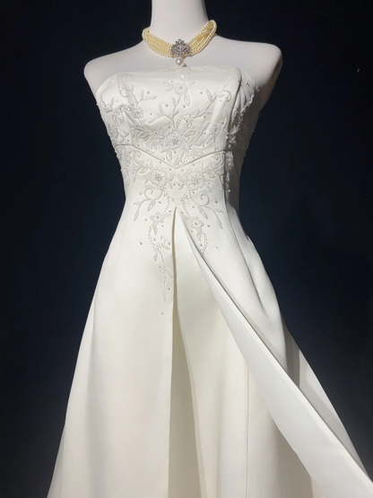 Vestido de novia retro de los años 50 y 40, sin tirantes, de satén y encaje, blanco, largo, DH550