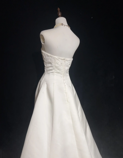 Vestido de novia retro de los años 50 y 40, sin tirantes, de satén y encaje, blanco, largo, DH550