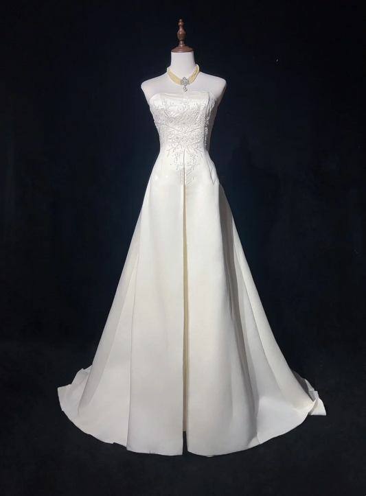 Vestido de novia retro de los años 50 y 40, sin tirantes, de satén y encaje, blanco, largo, DH550