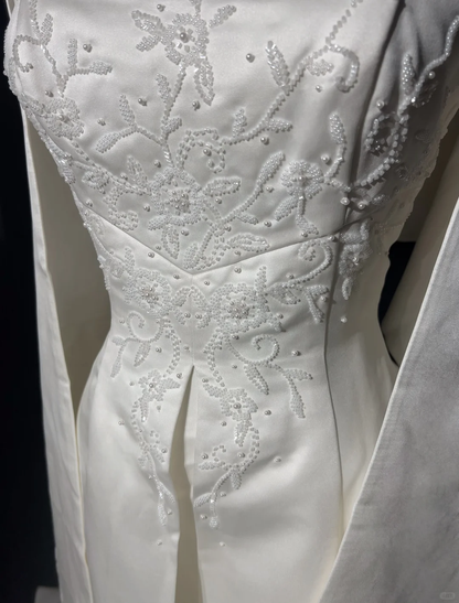 Vestido de novia retro de los años 50 y 40, sin tirantes, de satén y encaje, blanco, largo, DH550