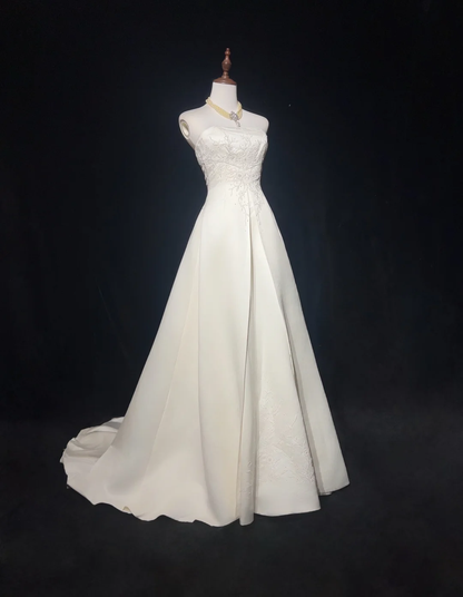 Vestido de novia retro de los años 50 y 40, sin tirantes, de satén y encaje, blanco, largo, DH550