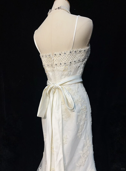 Vestido de novia vintage de los años 70, estilo sirena, tirantes finos, encaje, largo, elegante, DH551