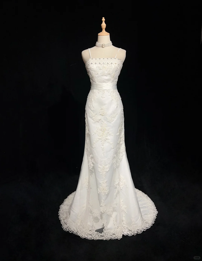 Vestido de novia vintage de los años 70, estilo sirena, tirantes finos, encaje, largo, elegante, DH551